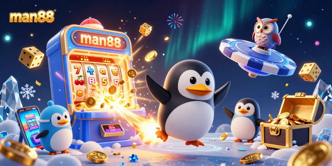 Experience the thrill of man88, watching a golden penguin soar through a vibrant casino space scene filled with excitement.