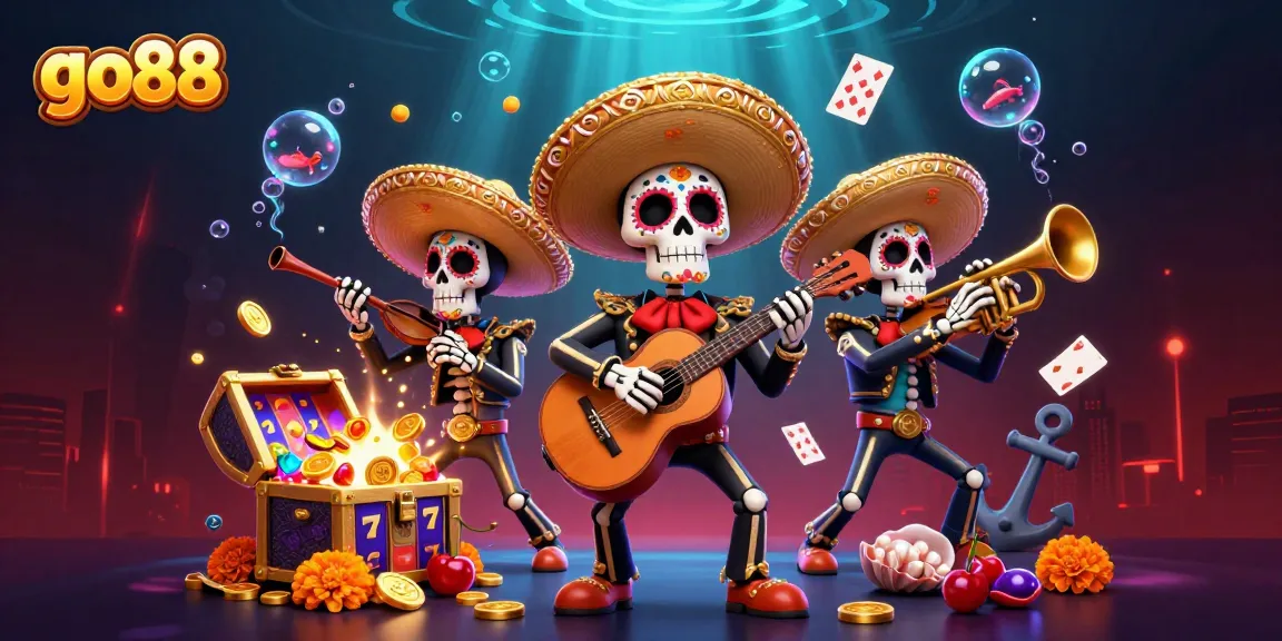 Experience the thrill of go88 with a vibrant Dia de los Muertos mariachi band accompanied by slot reels.