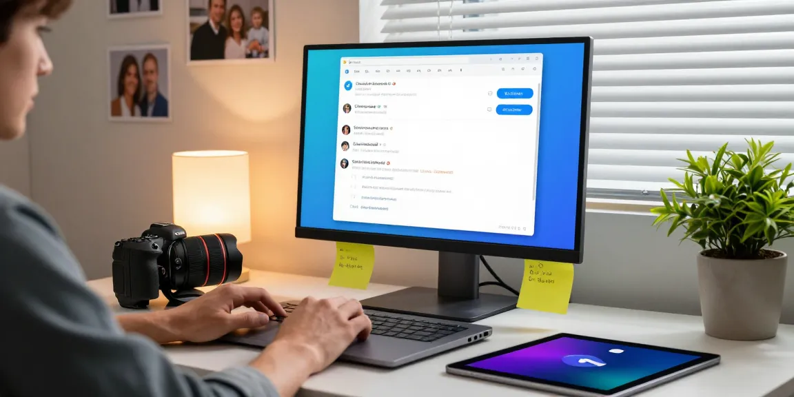 Engaging user utilizing Telegram网页版 on a laptop in a cozy home office setting with colorful sticky notes.