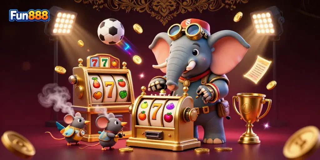 Experience thrilling gameplay with Fun888 as a steampunk elephant operates a vibrant golden slot machine.