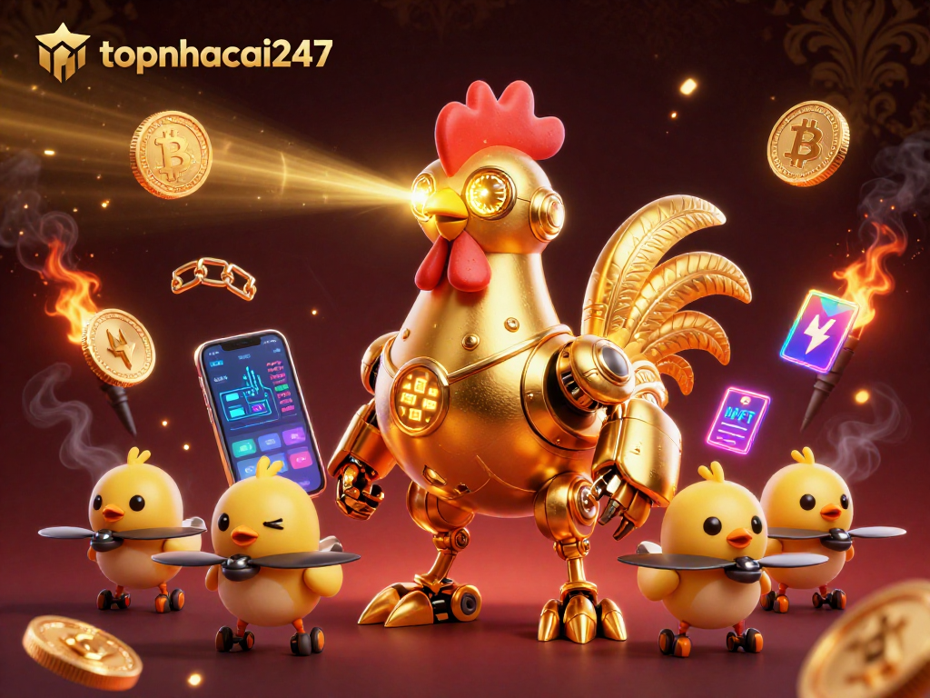 Experience dynamic gaming with topnhacai247's engaging 3D crypto casino illustration featuring a golden rooster robot.