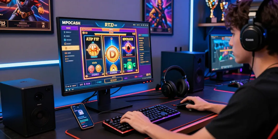 Engaged player at MPOCASH gaming setup showcasing vibrant slot games and essential peripherals.