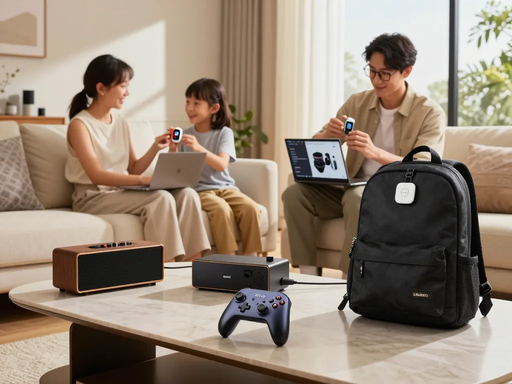 Showcase of top 10 tech gadgets 2091 with Bluetooth devices in a modern living room.