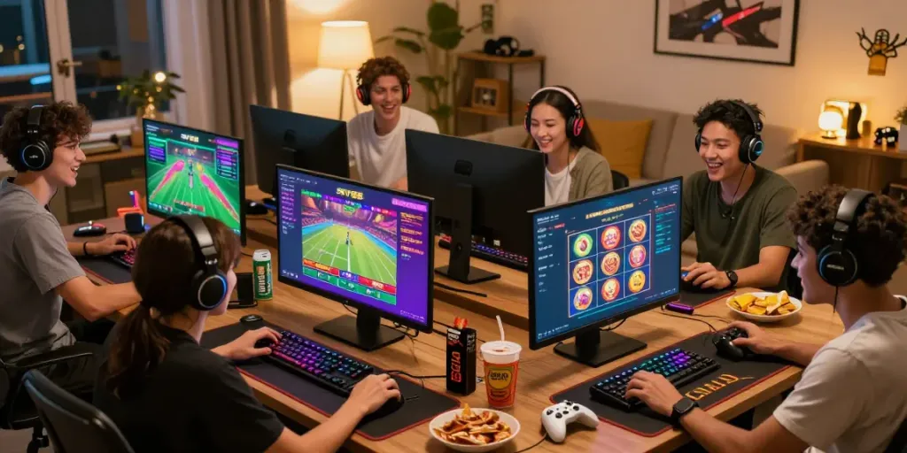 Engaging gaming experience at https://sky88tg.com/ with friends enjoying online sports and casino games.