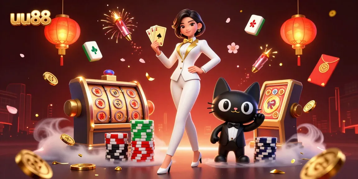 Bet on uu88 with a glamorous dealer shuffling cards amidst festive casino elements.