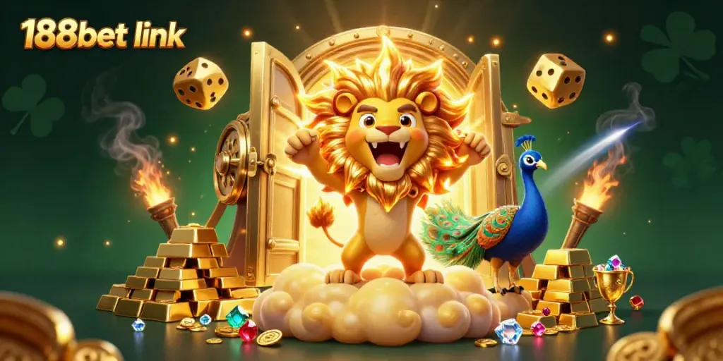 Experience the excitement of 188bet link with this vibrant, winning casino scene featuring gold treasures and a roaring lion.