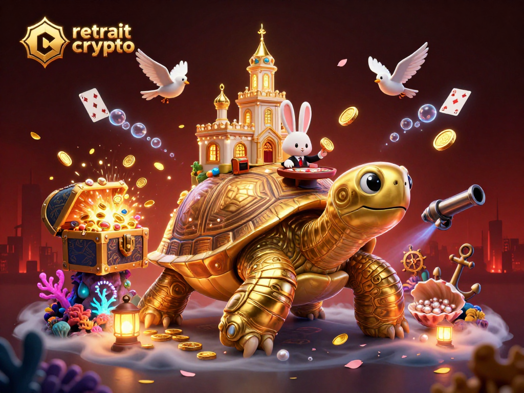 Retrait crypto casino avec tortue dorée et croupier lapin entourés de trésors sous-marins
