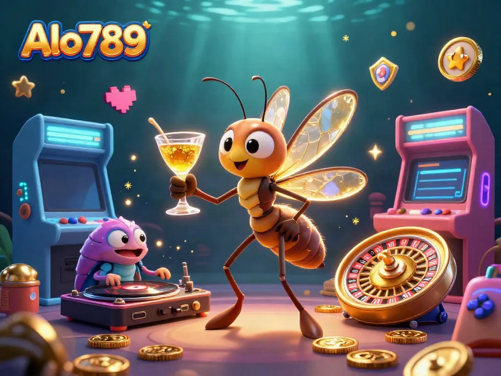 Alo789 brings excitement to casino gaming with a dynamic illustration featuring unique characters and gaming elements.