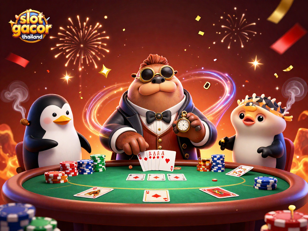 Engage with slot gacor thailand's thrilling underwater poker scene featuring a walrus, penguin dealer, and bluffing pufferfish.