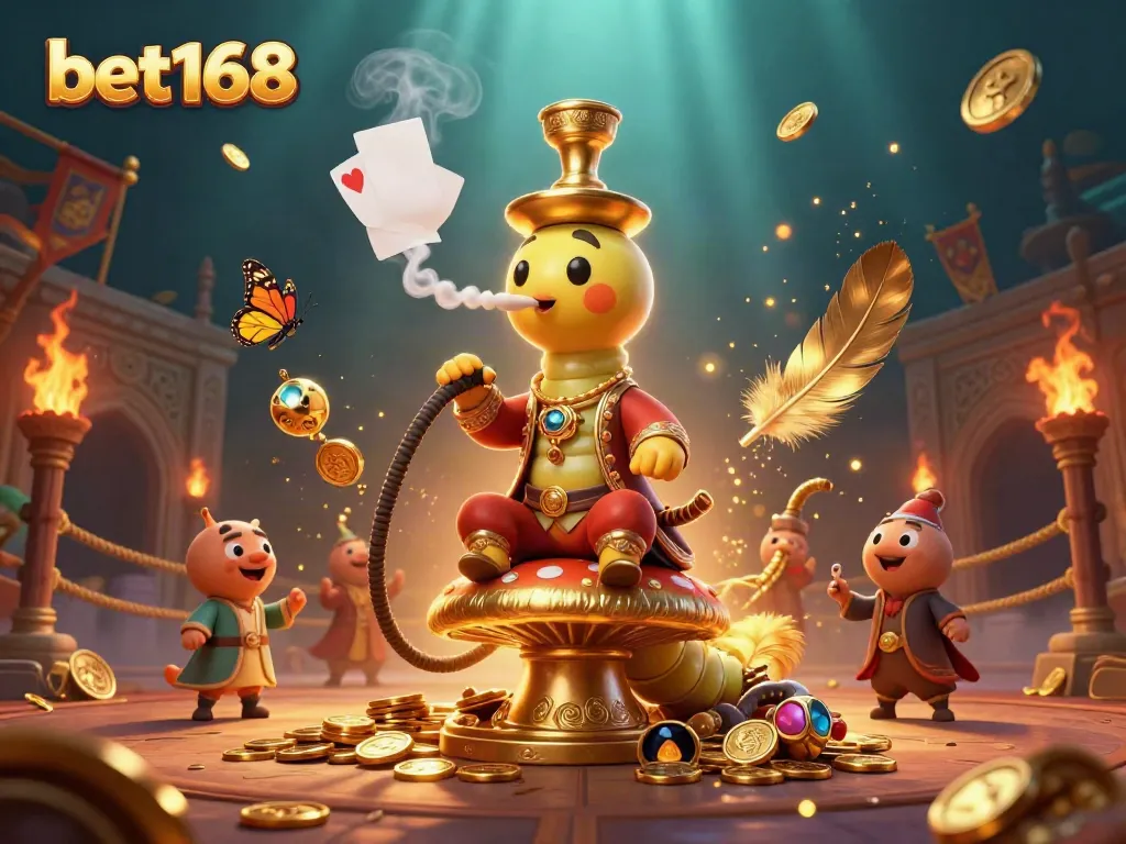 Engage in thrilling casino action with bet168's captivating 3D illustration of a caterpillar hookah-master.
