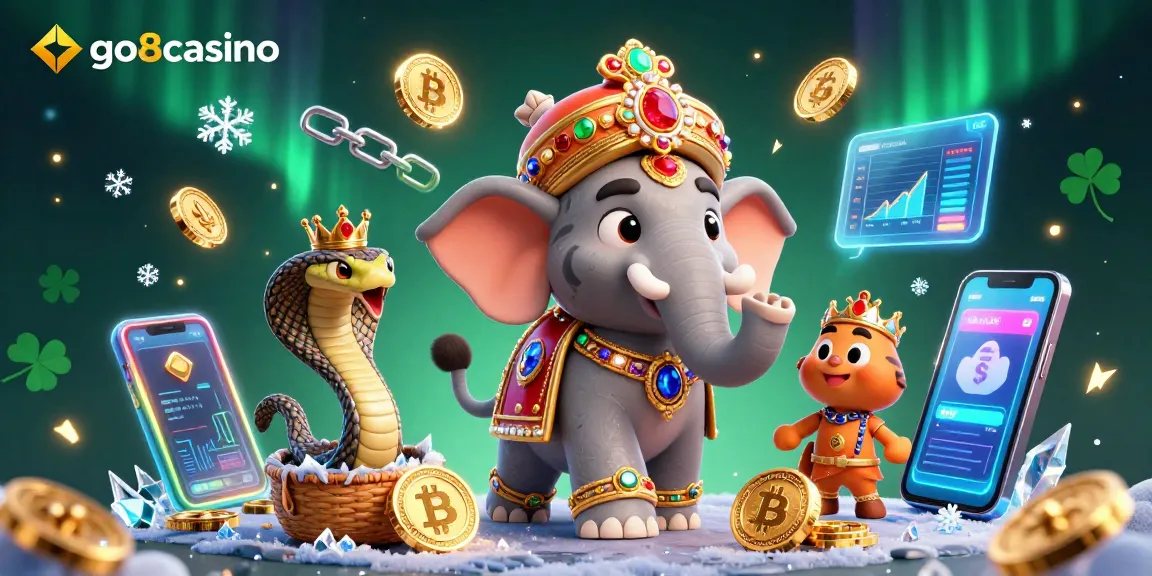 Experience thrills at go8casino with a vibrant elephant and tiger amid crypto treasures.