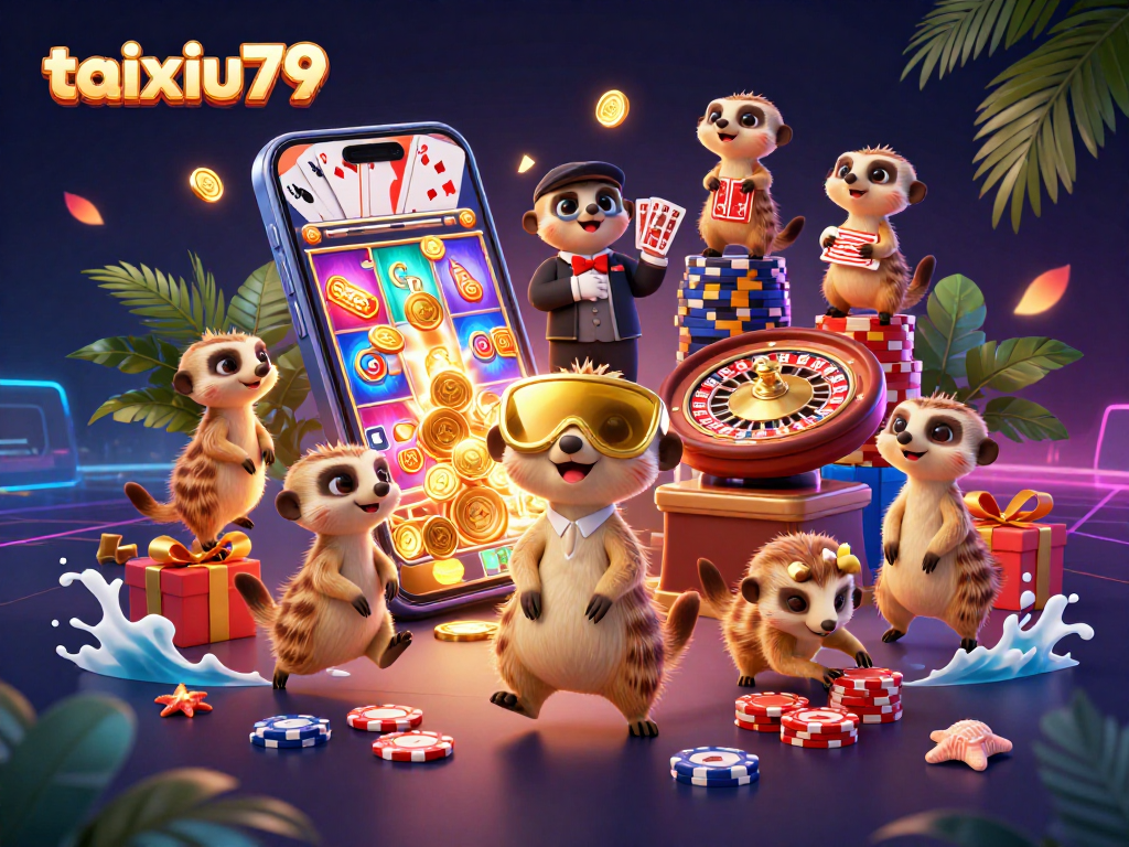 Experience gaming excitement at taixiu79 with vibrant meerkats running a lively casino.