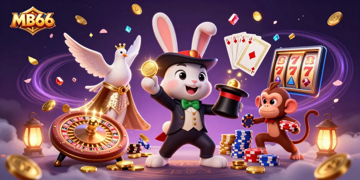 Experience the magic of MB66 as the rabbit conjures coins in an enchanting casino scene.