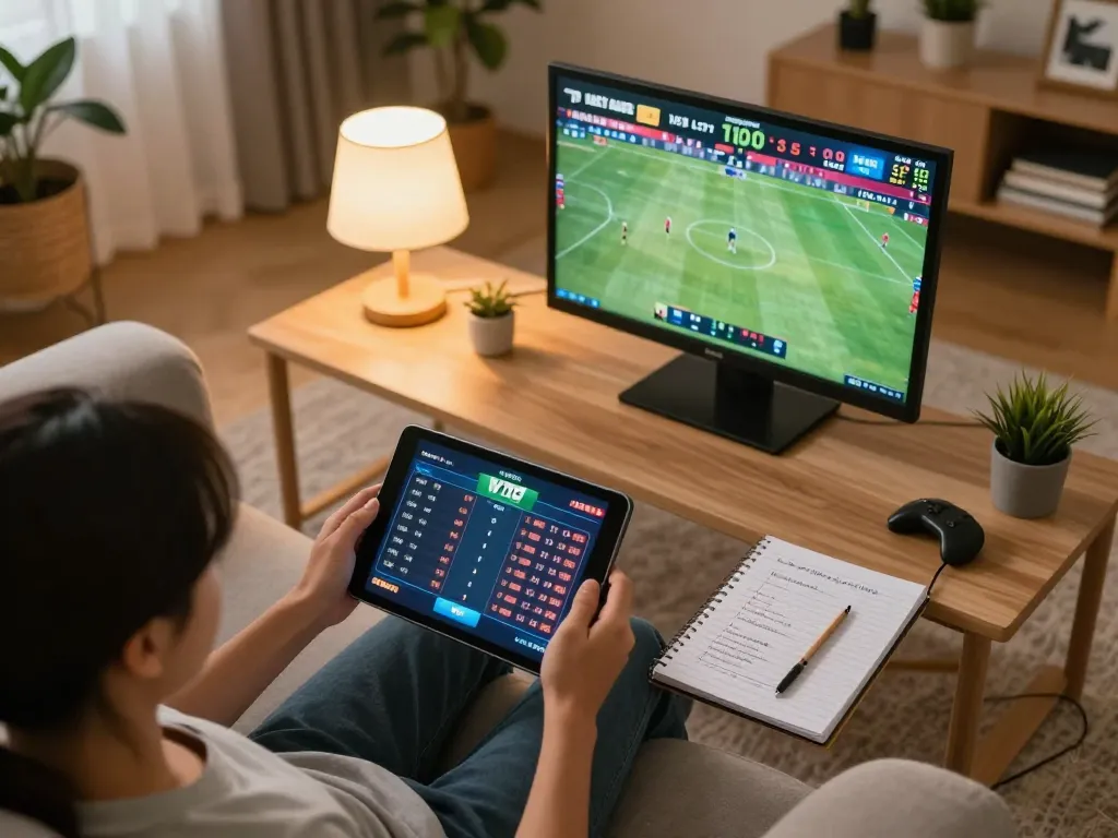 Engaging in online betting with real-time tỷ lệ kèo displayed on tablet in cozy home setup.