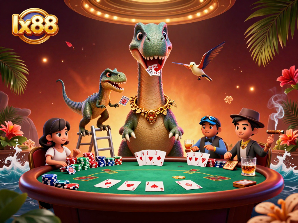 Experience the excitement of lx88 with a whimsical casino scene featuring a giant brontosaurus and clever raptor dealing cards.