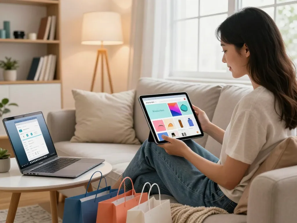 Young woman happily shopping for Productos online in her cozy living room.