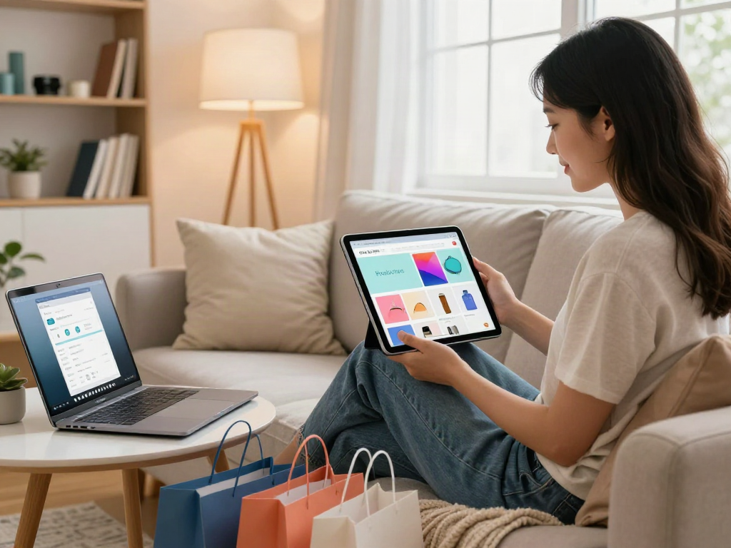 Young woman happily shopping for Productos online in her cozy living room.