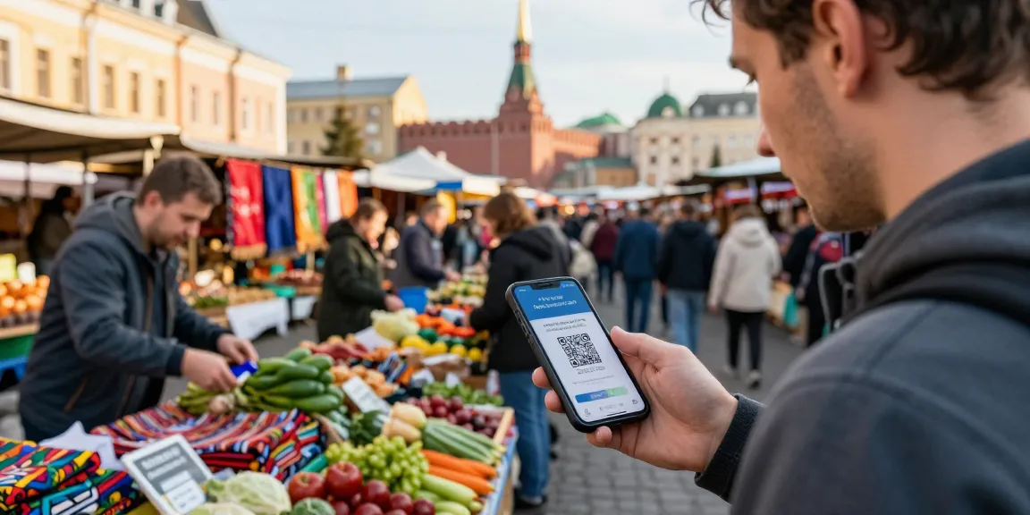 Pagando en un mercado ruso con la app https://payinrussia.com/ y un código QR, rodeado de vendedores locales.