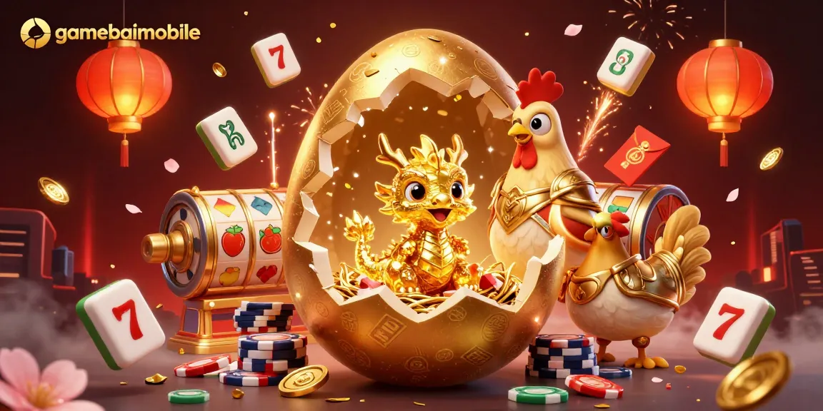 gamebaimobile's golden dragon emerges from a vibrant casino-themed scene filled with slot reels and festive elements