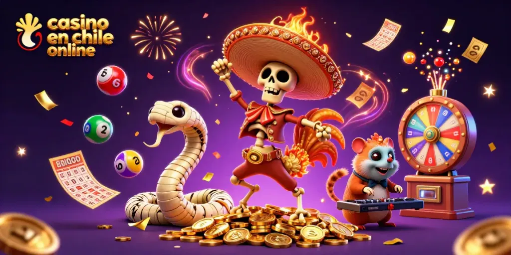 Ganar en casino en Chile online con una ilustración festiva de personajes de calaveras y serpentinas doradas.