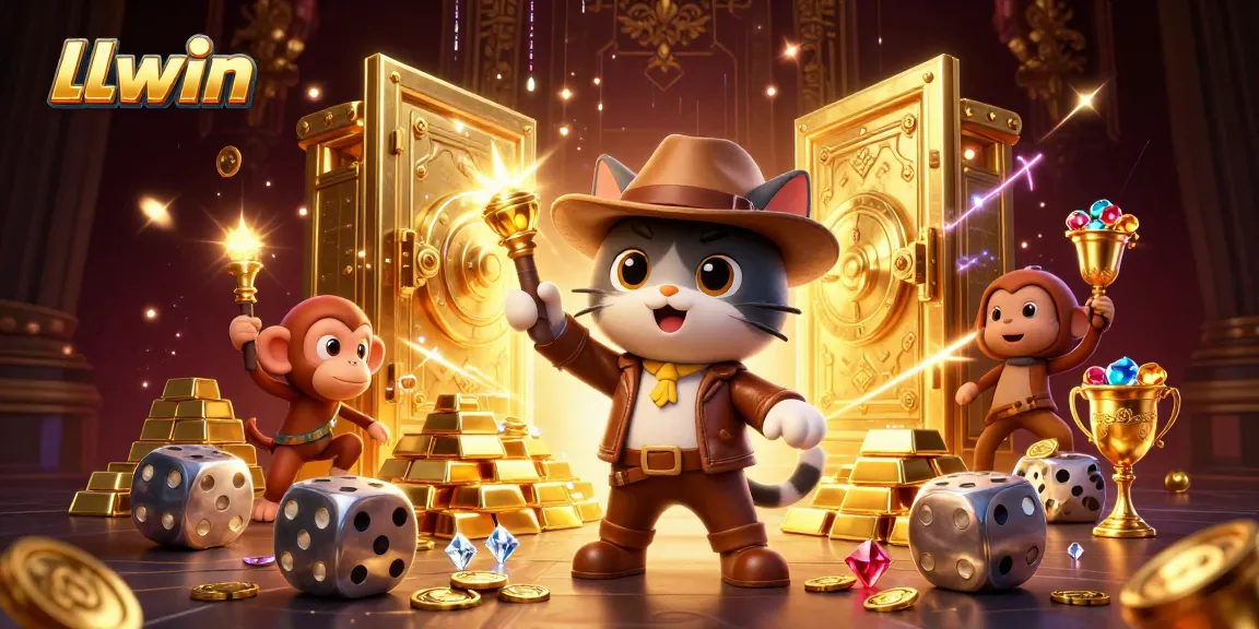 Uncover the treasures of LLwin with the explorer cat and monkey in a vibrant casino scene.