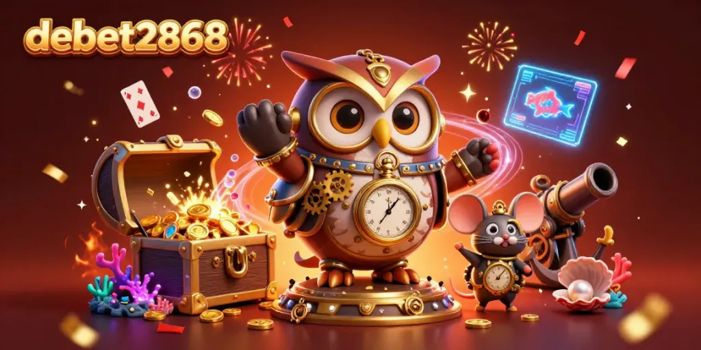 Win big at debet2868 with a vibrant 3D scene filled with casino elements and whimsical characters.