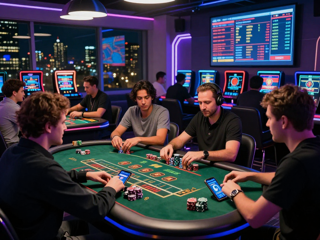 Exciting crypto casino atmosphere featuring players at gaming tables with digital chips, engaging in live gaming with cryptocurrencies.