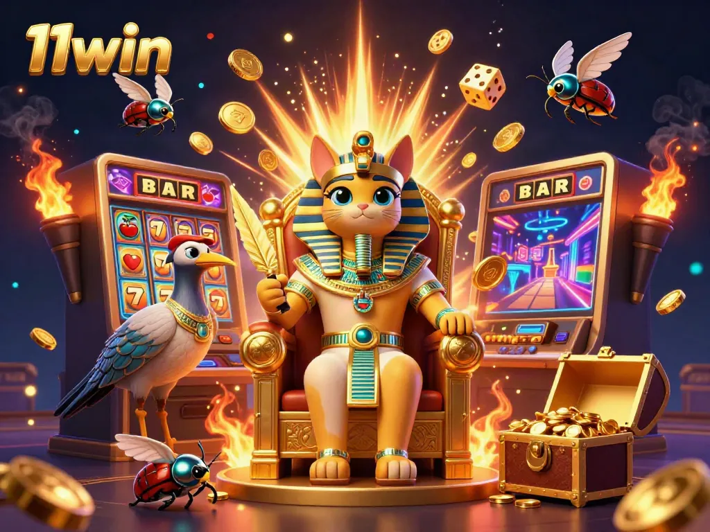 Experience the exciting world of 11win with a dynamic 3D casino illustration featuring pharaoh cat and jackpot symbols.