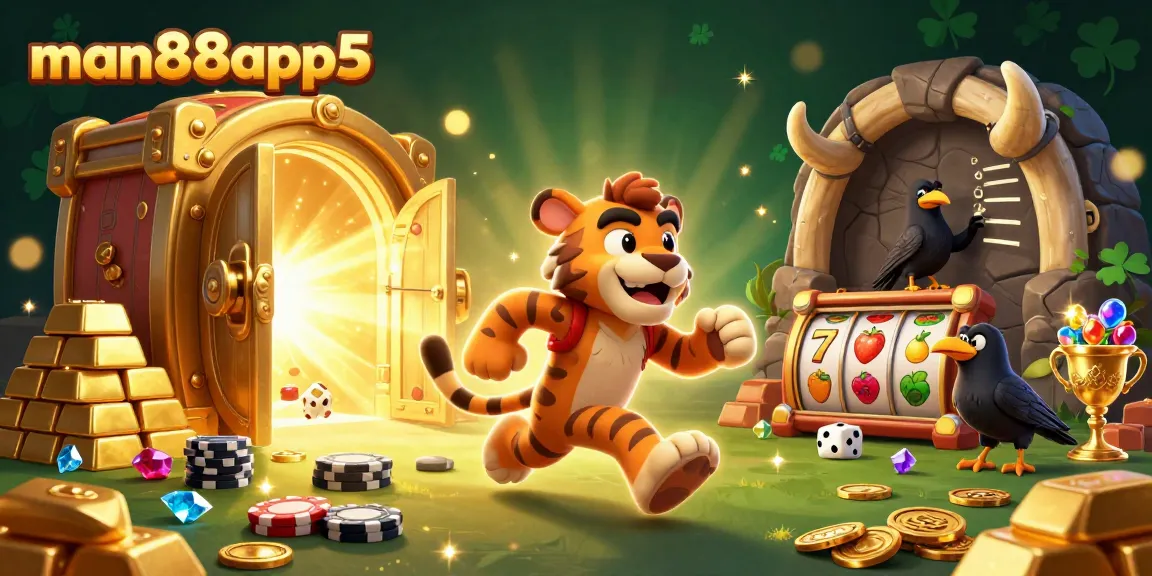 Experience the excitement of man88app5 with cavemen and slot reels in a vibrant casino scene.