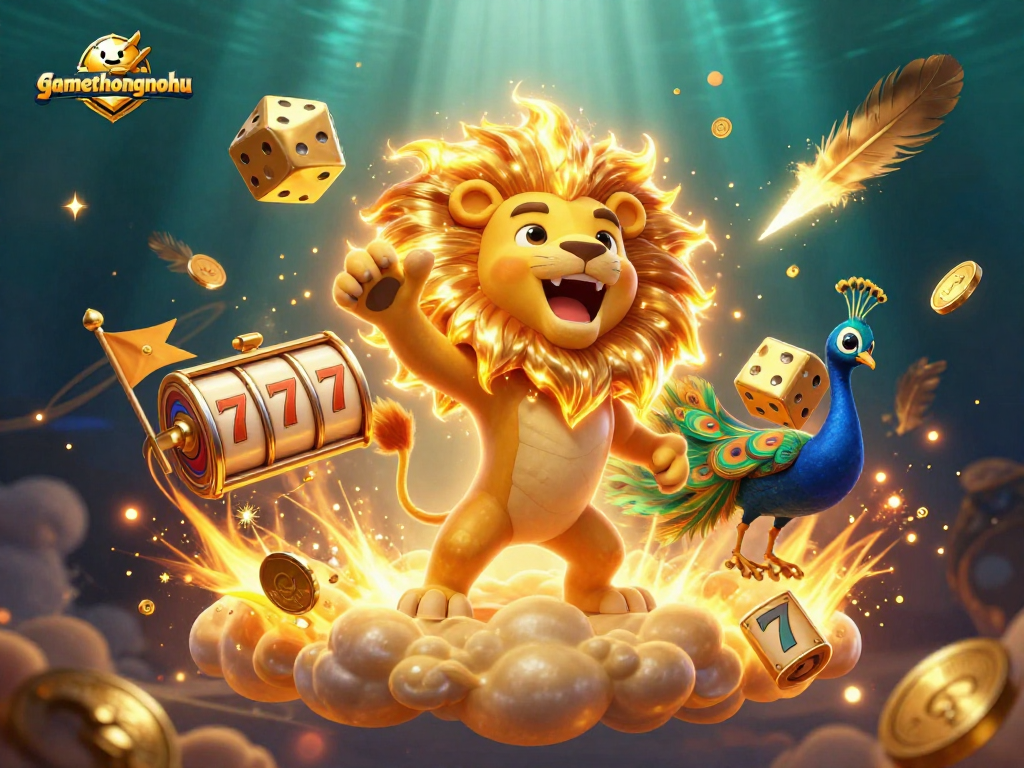 Experience thrilling gameplay at gamethuongnohu with slot reels and vibrant characters in a captivating 3D casino scene.