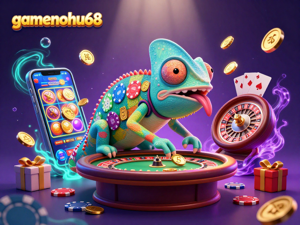 Experience thrilling gaming at gamenohu68 with vibrant 3D chameleon, spinning reels, and golden coins.