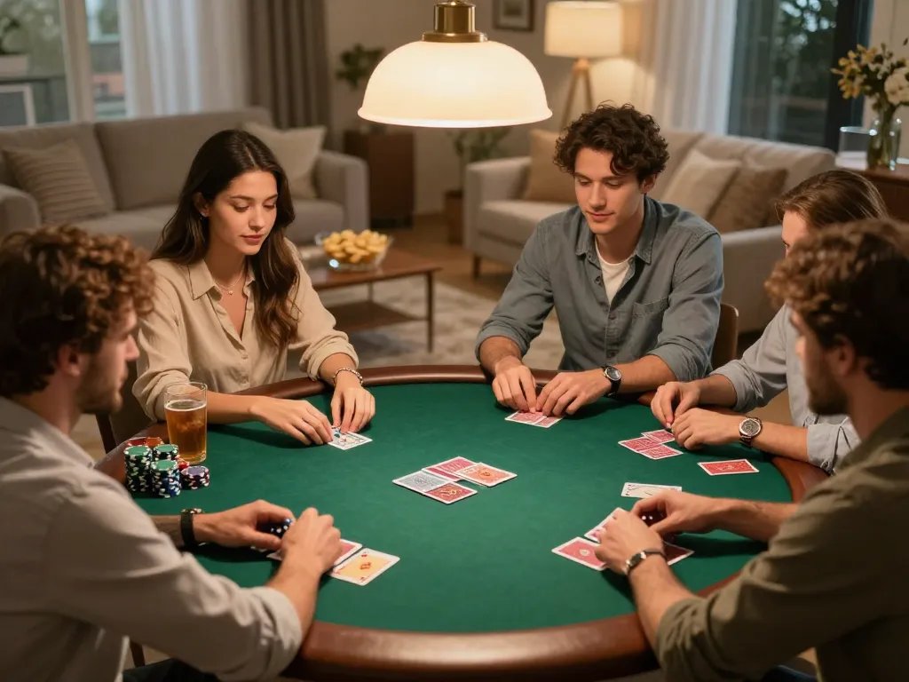 Players strategizing in a friendly poker game at home, showcasing 78WINCOM excitement and social interaction.