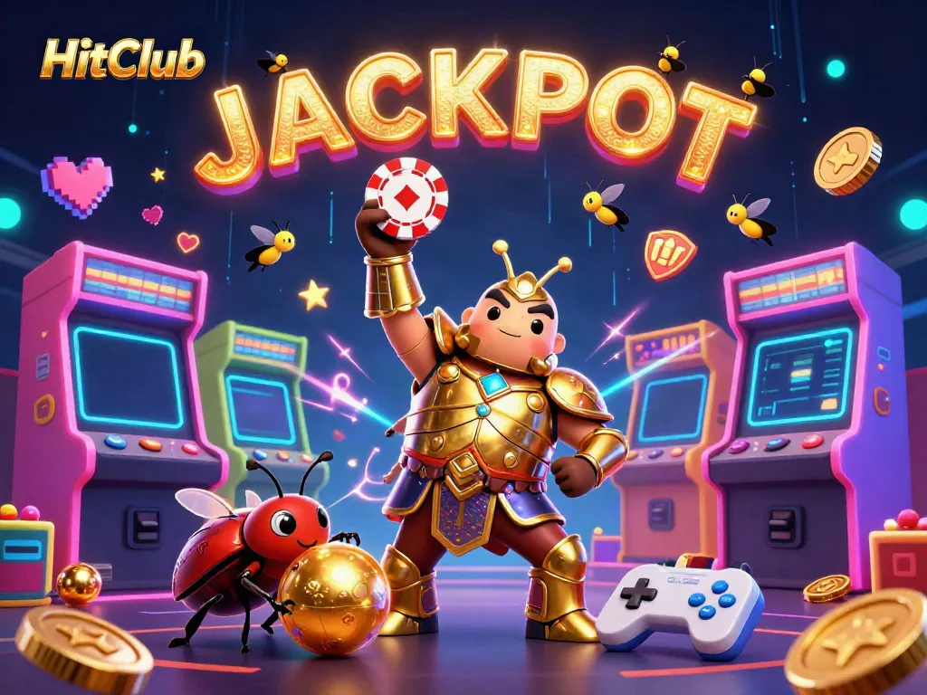 HitClub features a victorious beetle in golden armor lifting a poker chip surrounded by gaming elements