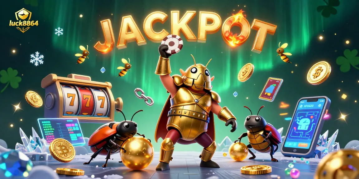 Engage with luck8864 for exciting slot jackpots showcased by a triumphant beetle duo.