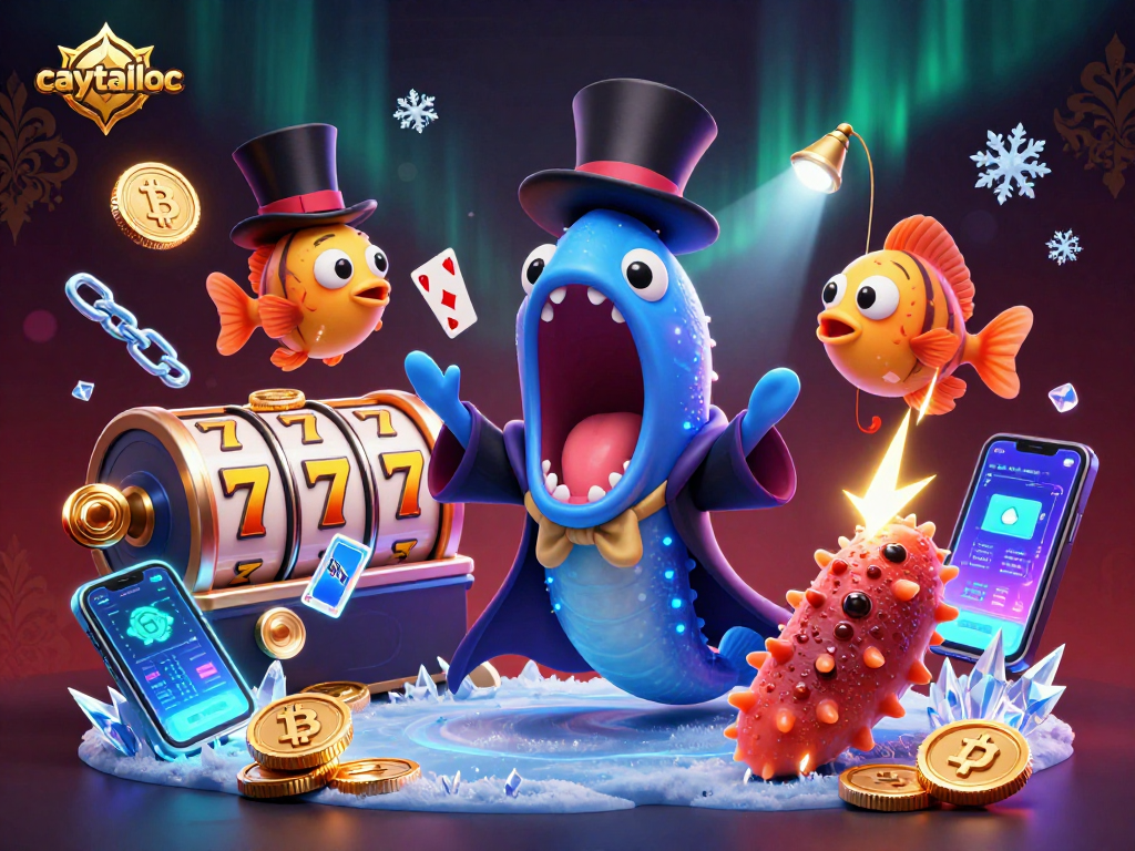 Spin the jackpot reels with caytailoc in a captivating underwater casino scene filled with vibrant characters and crypto coins.
