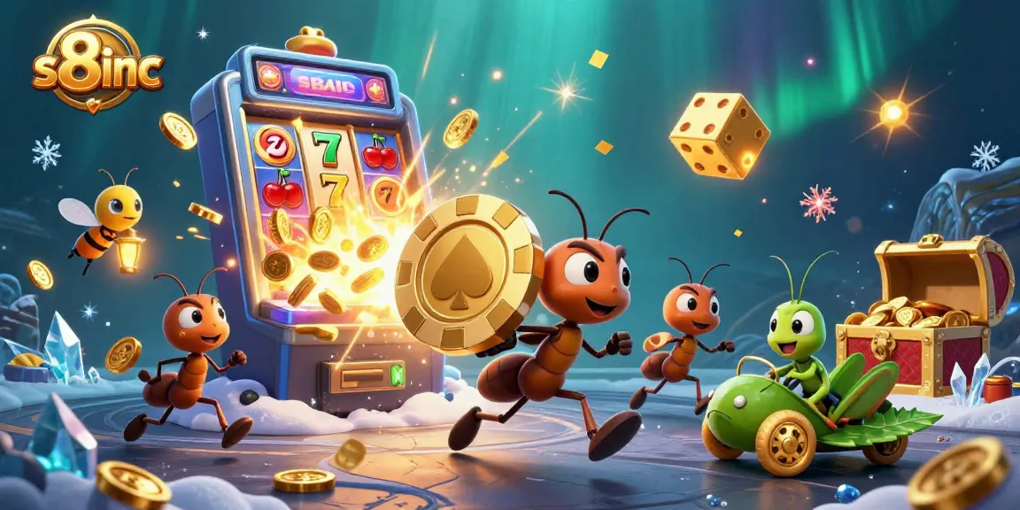 S8inc ants carrying a giant poker chip escape through a colorful casino tunnel filled with vibrant gaming elements.