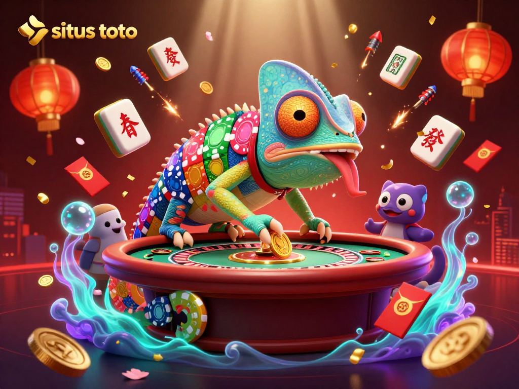 Explore the vibrant world of situs toto with a chameleon casino owner amid dazzling casino elements.