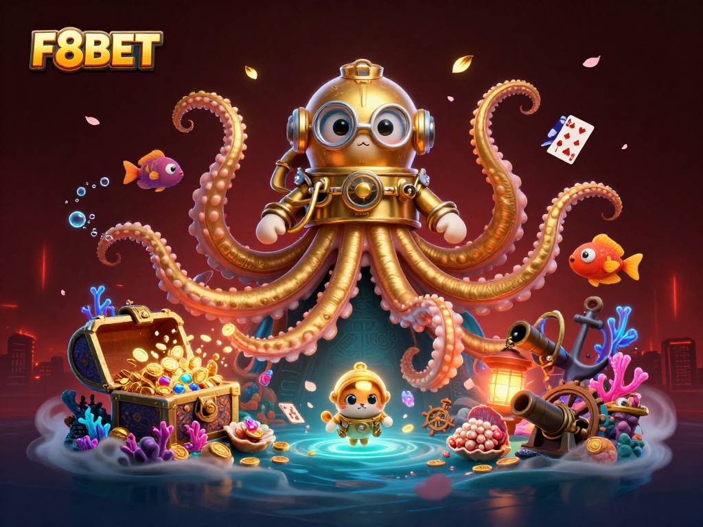 Engage with F8BET's thrilling gaming atmosphere featuring a kraken and diving cat, surrounded by treasures and bioluminescent life.