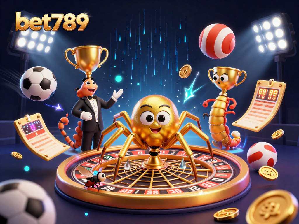 Place strategic bets at bet789 with a golden spider spinning a roulette wheel in a vibrant casino scene.