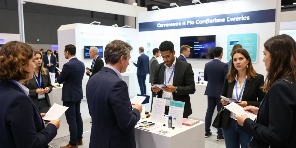 Expositores interactuando en un evento de networking con productos innovadores en exhibición.