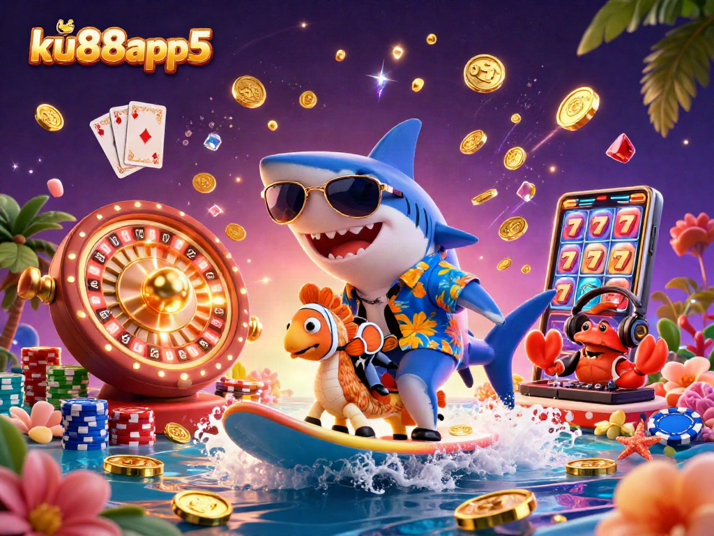 Experience excitement with ku88app5 as a shark surfs on gold coins for your gaming adventure.