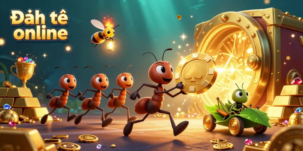 Engage in Đánh đề online with ants stealing a giant poker chip in a vibrant, treasure-filled digital world.