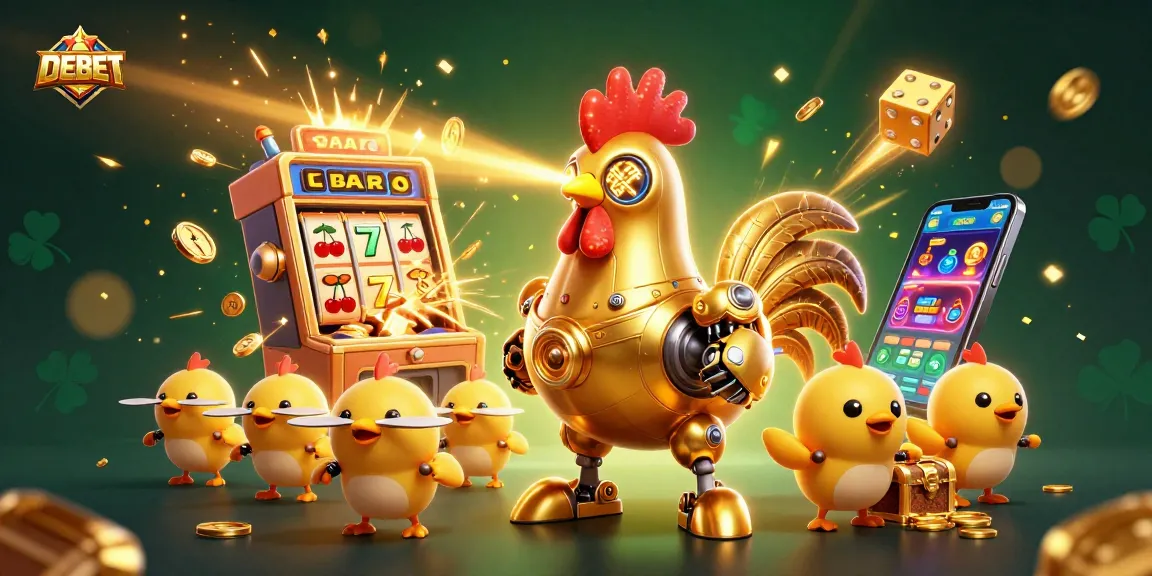 Engage with DEBET casino's excitement, featuring colorful slot machines and a golden rooster robot.