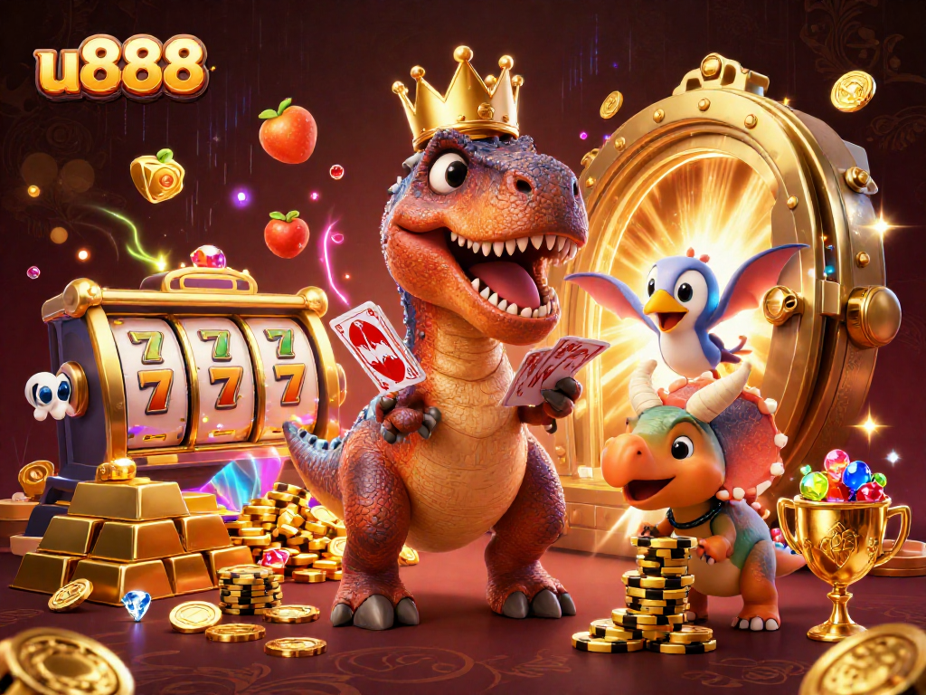 Experience exhilarating wins at u888 with a friendly T-Rex and its dino companions enjoying a playful casino atmosphere.
