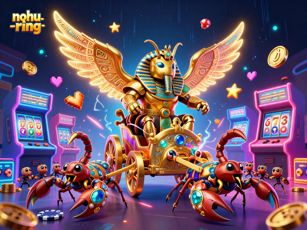 Engage in thrilling gameplay with nohu-ring's dynamic 3D illustration, featuring slot elements and vibrant characters.