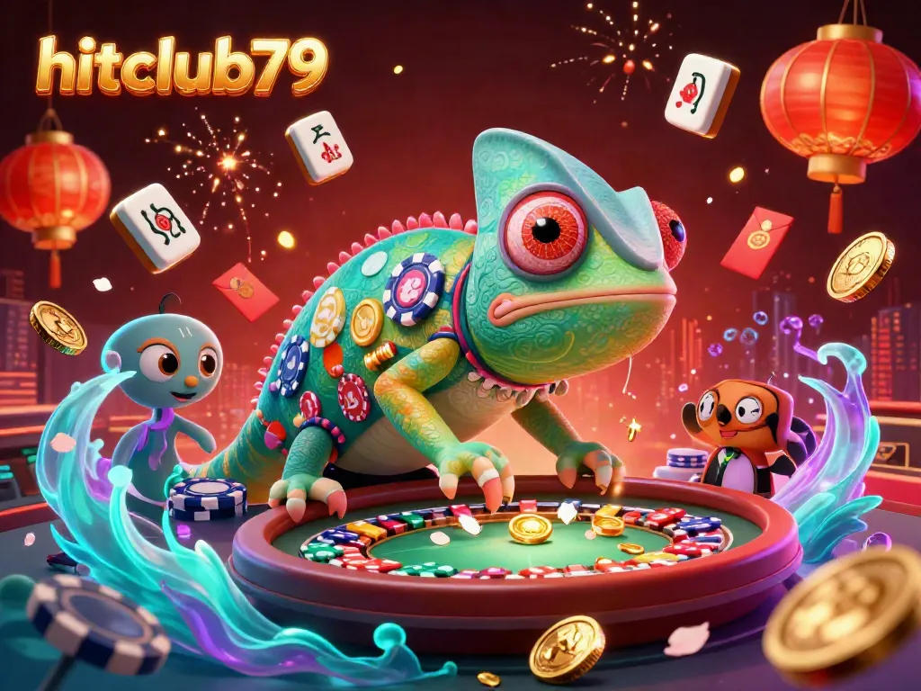 Experience the excitement of hitclub79 with a vibrant casino scene, featuring a chameleon owner and stunning game elements.