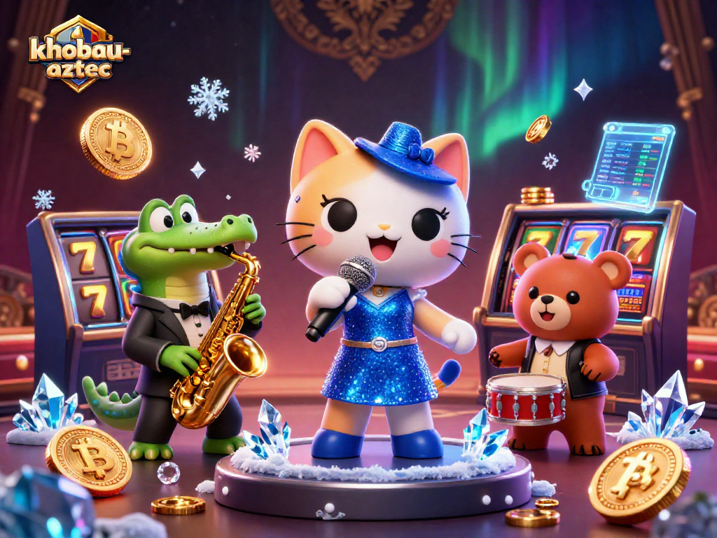 Spin the reels of khobau-aztec in this vibrant casino scene featuring lively cartoon characters with crypto coins.