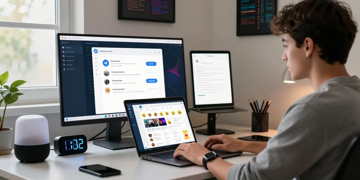 Utilizing the Telegram Web Version in a modern workspace filled with tech gadgets.