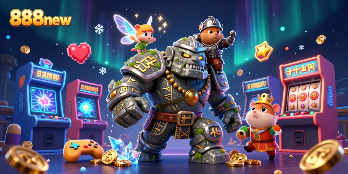 Join the excitement at 888new as vibrant characters surround glowing slot machines and jackpot counters.