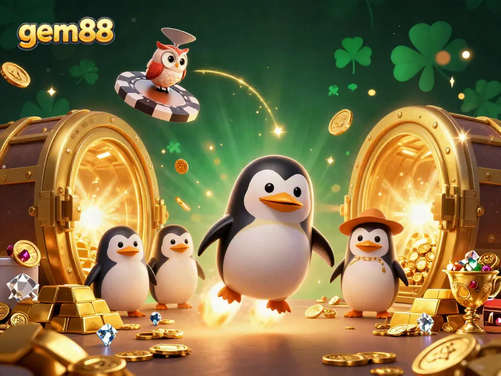 Experience thrilling adventures at gem88 with a golden penguin and high-stakes casino visuals.
